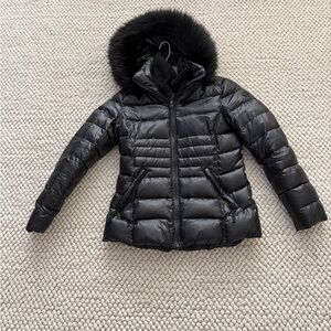 Calvin Klein Shiny Black Puffer Jacket with Fur Hood